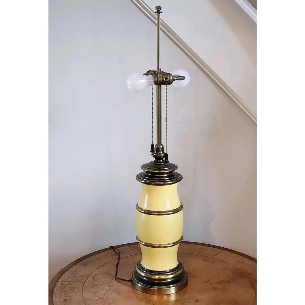 Mid Century STIFFEL Yellow Enamel / Brass DBL Socket Table Lamp 35.5
